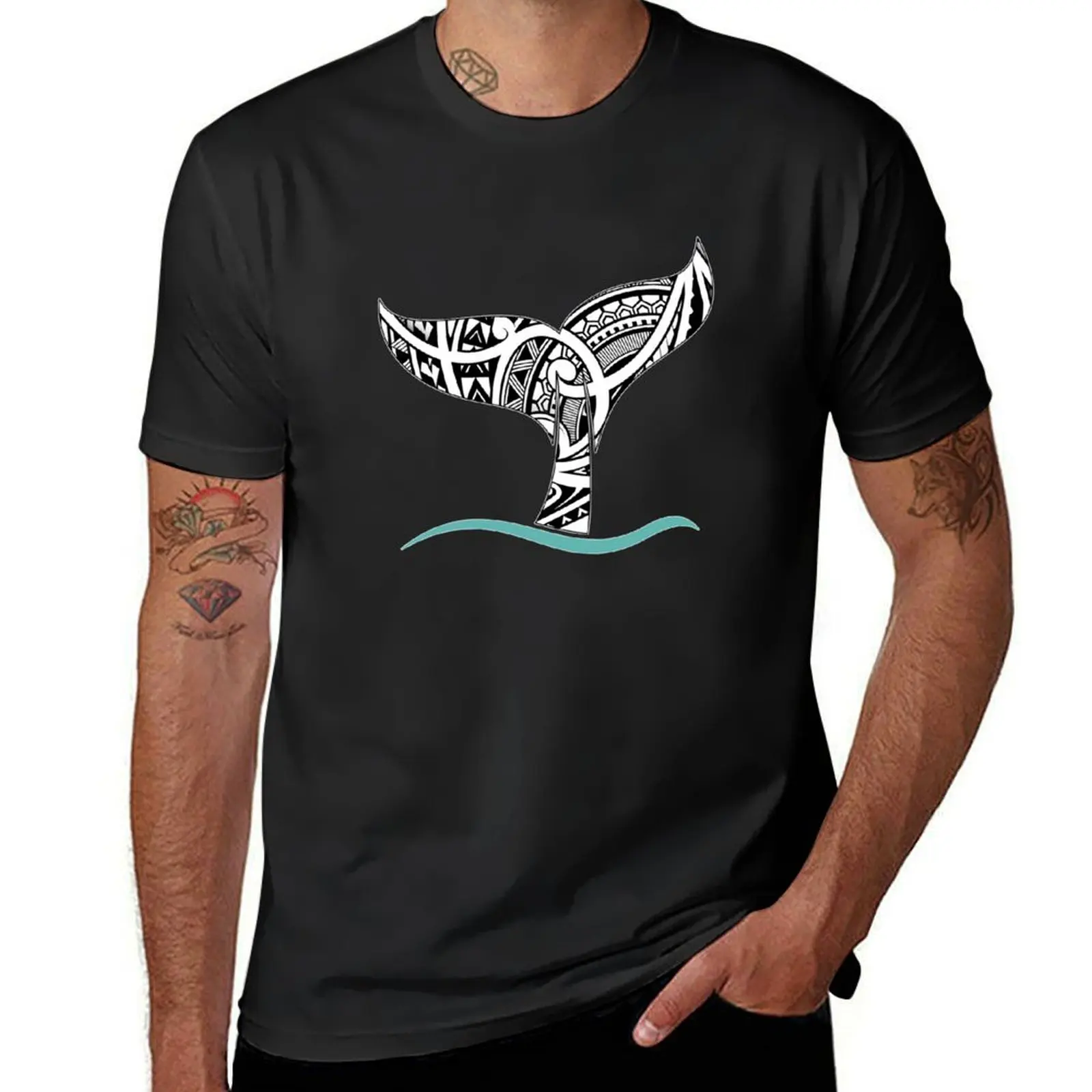 Whale Tail: Polynesian Black and White Tatau Inspired pattern T-Shirt korean fashion summer tops t shirts for men cotton