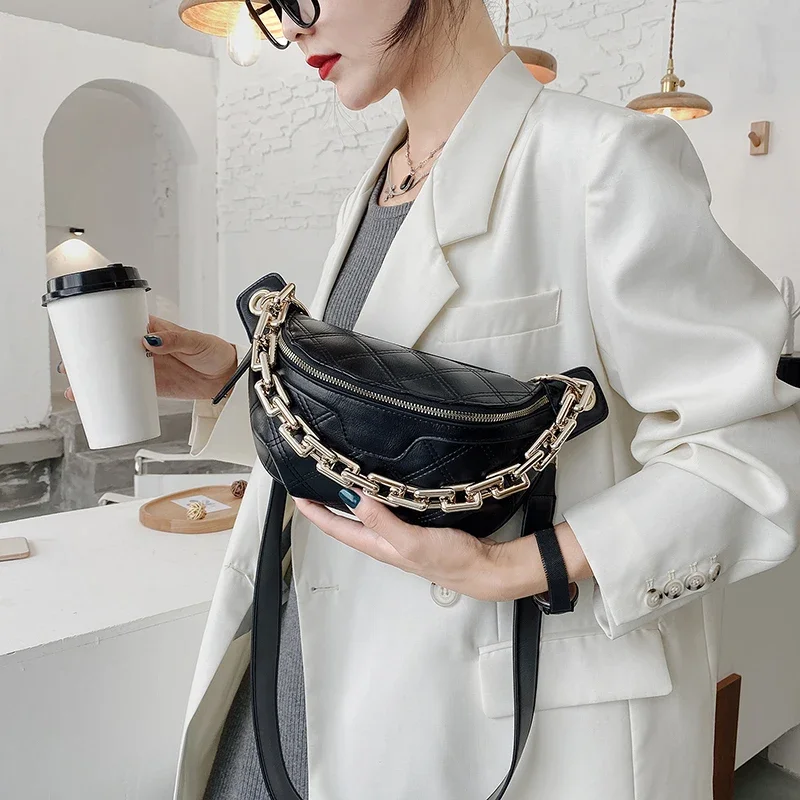 Luxury Designer Handbags Female Thick Chain Women's Fanny Pack Plaid leather Waist Bag Shoulder Crossbody Chest Bags Belt Bag