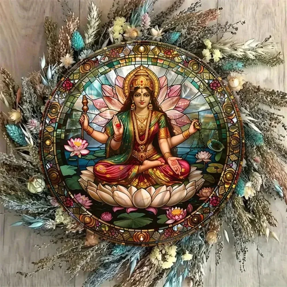 لوحة فنية جدارية من الألومنيوم عتيقة من Lakshmi - نمط زجاجي ملون، 7.8 × 7.8 بوصة، آلهة هندية على عرش اللوتس