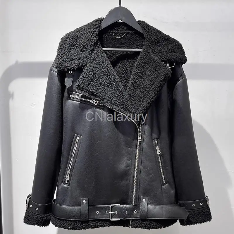 CNlalaxury 2024 Faux Fur Leather Jacket Women Belt Zipper Fleece Thicken Long Loose Jackets Coat Female Moto Biker Lady Outwear