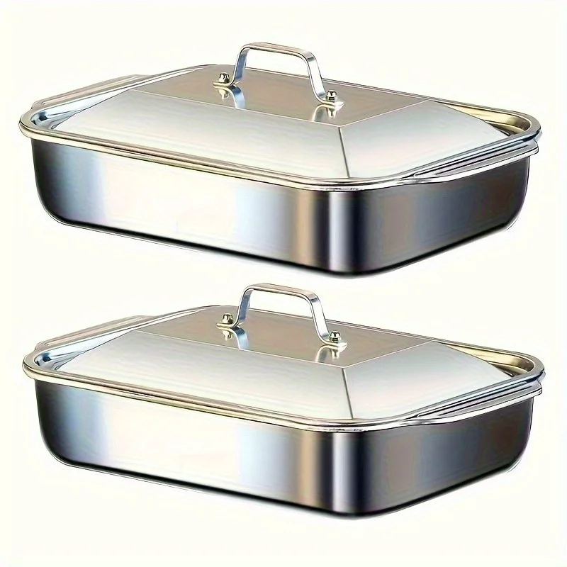 

us2/ 3 sets of stainless steel baking trays with portable lids, large capacity, suitable for family gatherings, barbecues, bread desserts, outdoor camping plates, seafood and buffetsd
