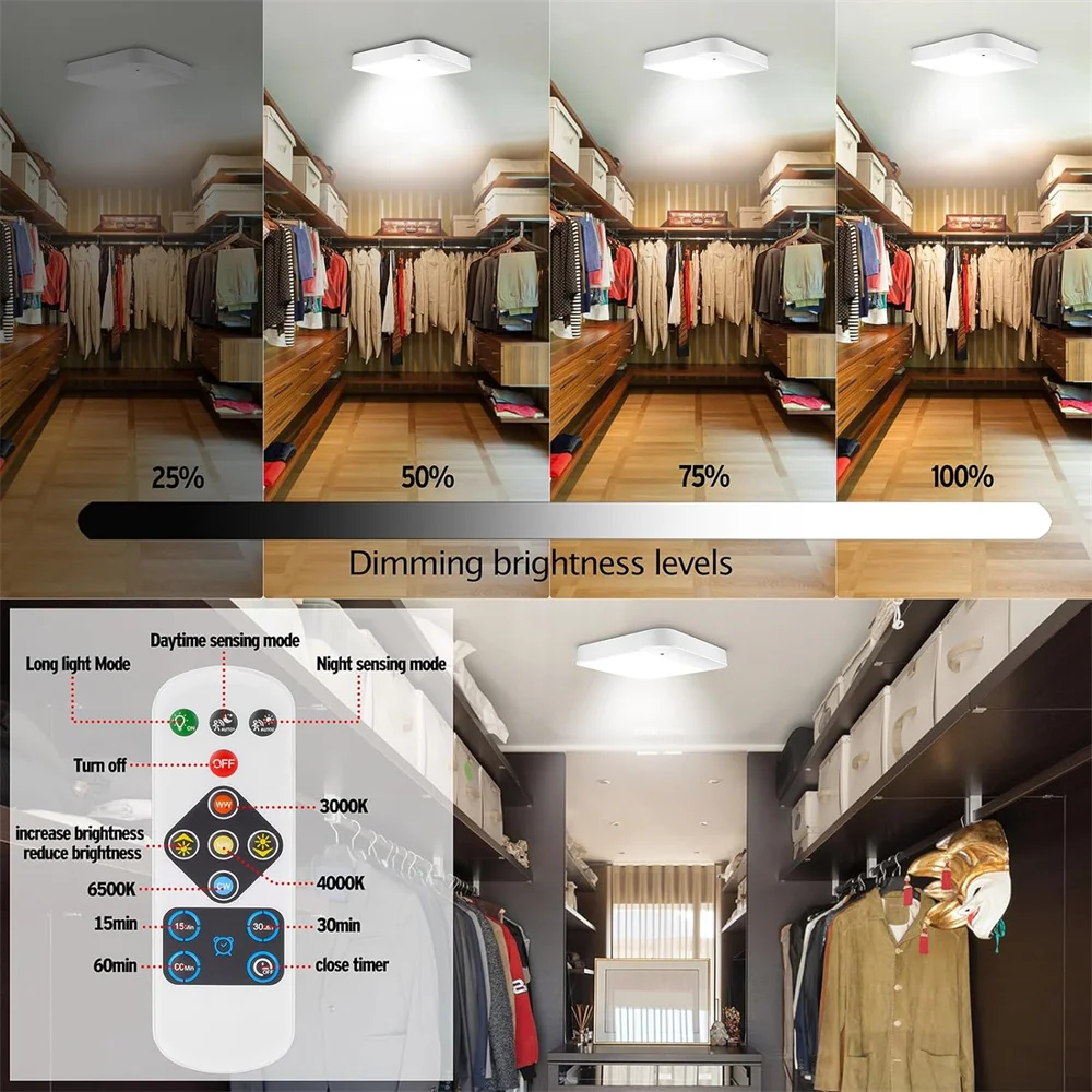 Motion Sensor LED Ceiling Light with Remote, USB Rechargeable, Closet,Bathroom,Stairs,Hallway, 15cm, 3000K, 4500K, 6500K