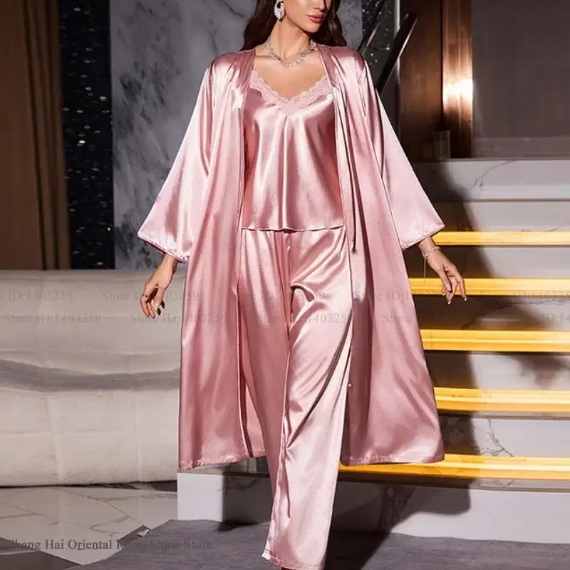 

Pink Ice Silk 3Pcs Pajamas Set Sleepwear Spring Autumn New Long Robe Trouser Pijamas Suit Sexy Lace Lingerie Homewear Pyjama