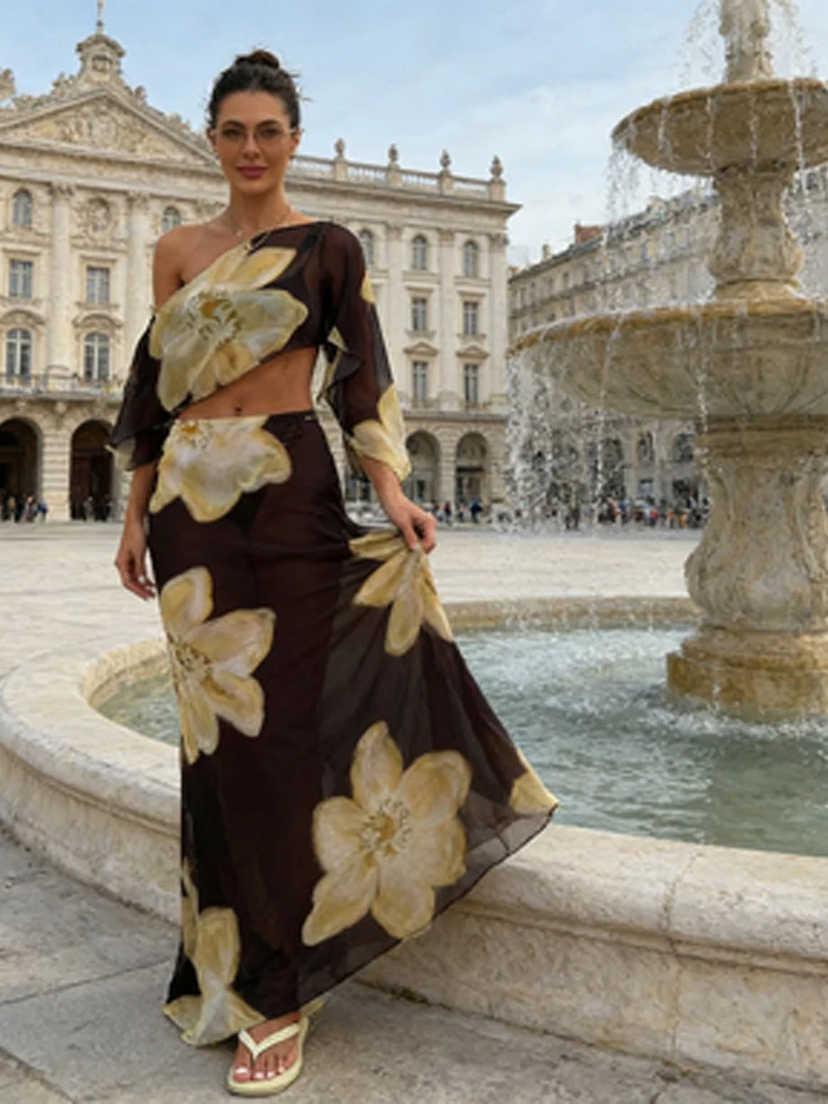 

Elegant Print Off-shoulder Crop Top Set Women Chic Slanted Collar Tops High-waisted Drawstring Skirt Sets Lady Vacation Outfit