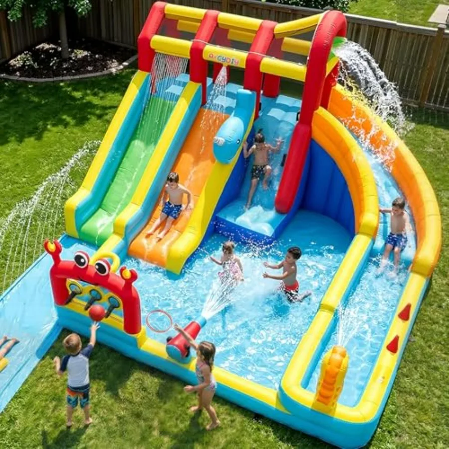 Backyard water slide park for kids: PVC inflatable ocean splash slide, blue and yellow, triple-lane design with deep pool, dump