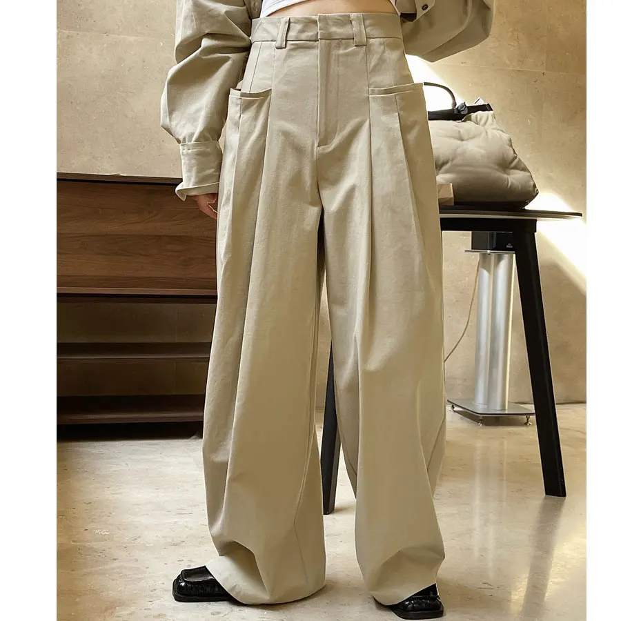 100% Cotton Women Autumn Stright Wide Leg Pants With Pocket High Waist Fashion Khaki Pants Female Women Clothes Trousers