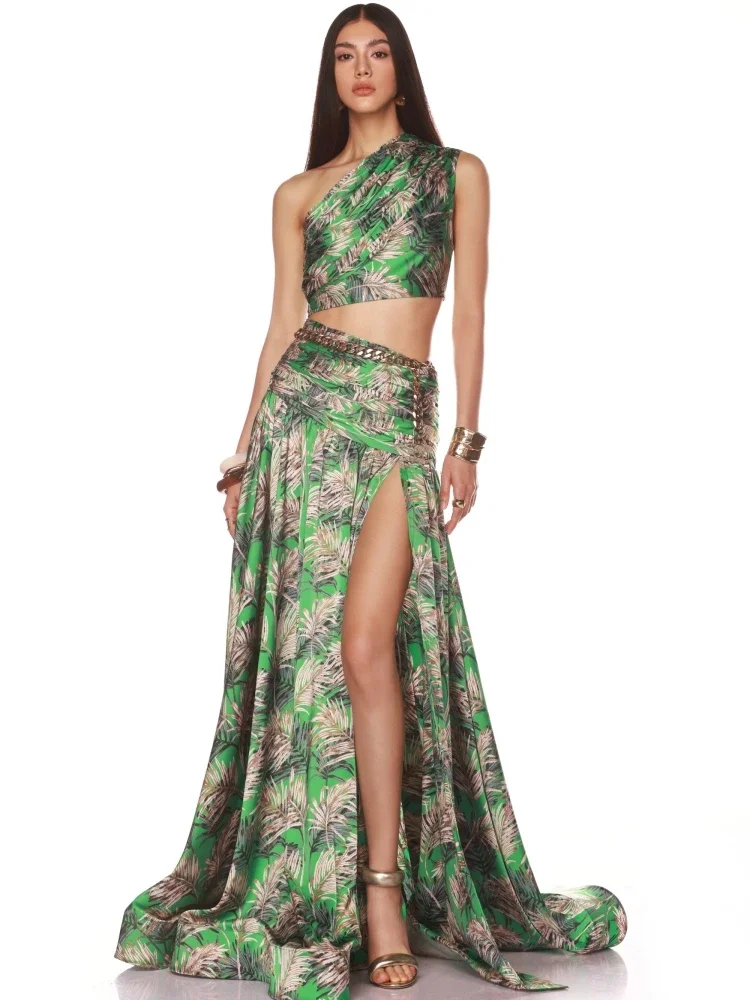 

Women Green Printed Skirts Two Piece Sets Women One Shoulder Top + Folds Split Long Chian Skirt Suits Beach Evening Party Set