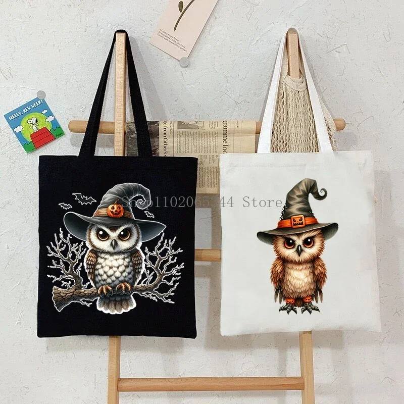 

Halloween Owl Printed Handbags Women Men Casual Canvas Portable Shoulder Bag Cartoon Animal Cat Owl Reusable Shopping Tote Bag