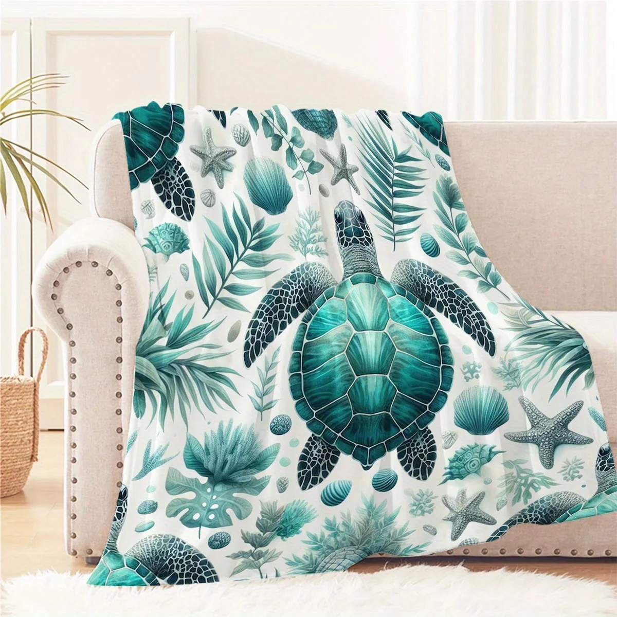 1pc High Quality Flannel Starfish Coral Green Turtle Print Blanket, Modern Style Blanket, Outdoor Blanket, Travel Camping Blanke