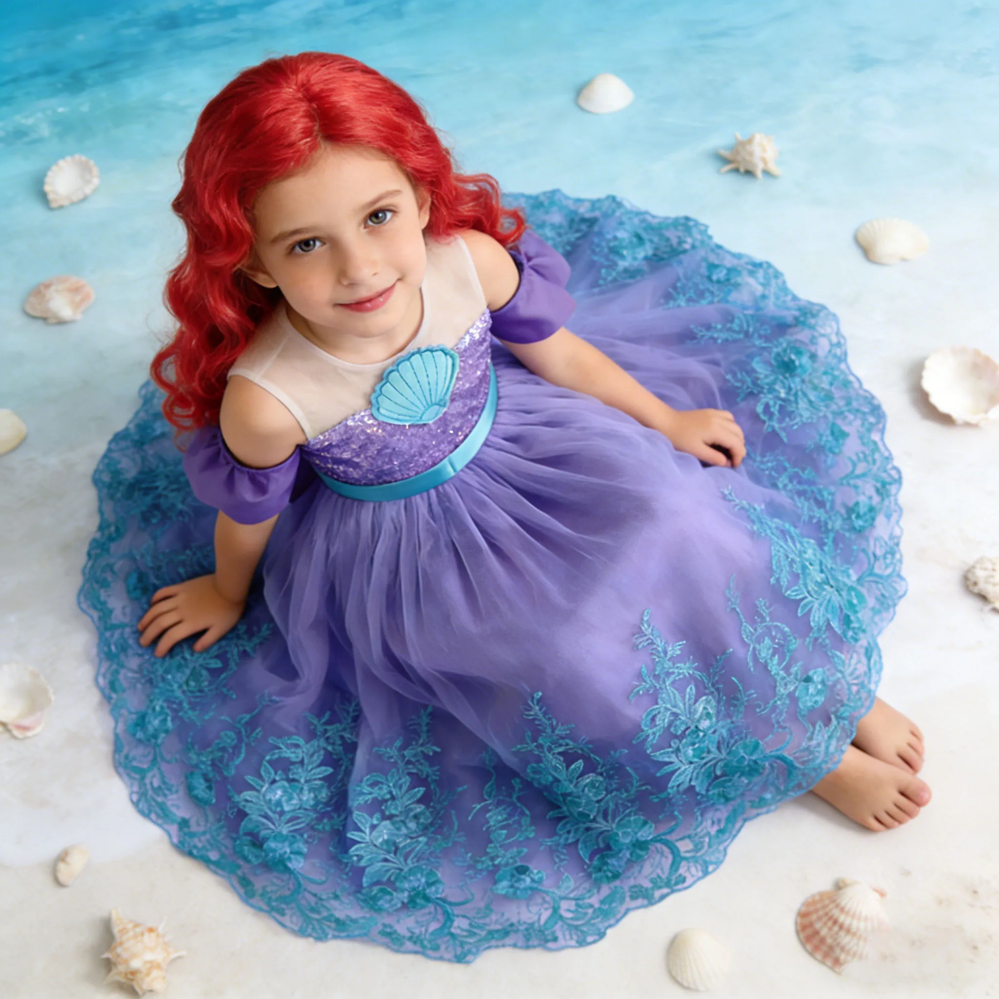 Sommer Stickerei Kleid und Perücken Mädchen Kinder Cosplay Kleider Prinzessin Kostüm Kleidung Geburtstag Party Meerjungfrau Kleidung