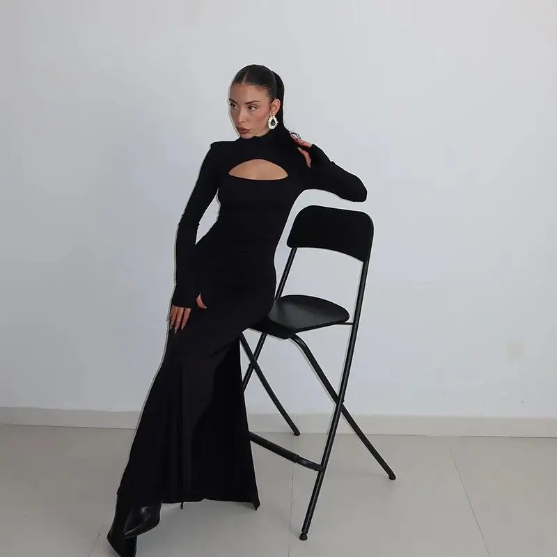 Ele High Collar Long Sve Hollow out Slit Dr Faionable Autumn Winter Women's Clothing Cross-Border High-End Lady S...