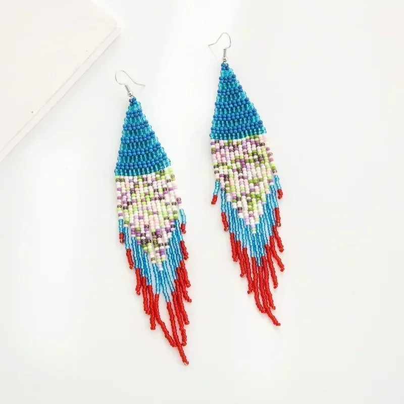 Beaded earrings Tassel Female Intersperse Originality Versatile Hand knitting Bohemia Alloy Tide Original Rice bead earrings