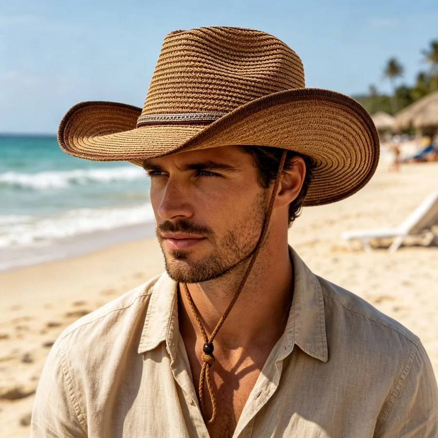 Retro kapelusz słomkowy w stylu western z gradientem kolorów, z wbudowanym paskiem chroniącym przed wiatrem, unisex, szerokie rondo dla ochrony przed słońcem, idealny na wakacje na plaży i do codziennej ochrony przed słońcem