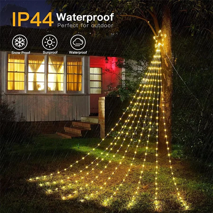 

Christmas Star Fairy Lights Outdoor Garland String Lights 193LED Xmas Tree Hanging Waterfall Lamp for Garden Party Holiday Decor