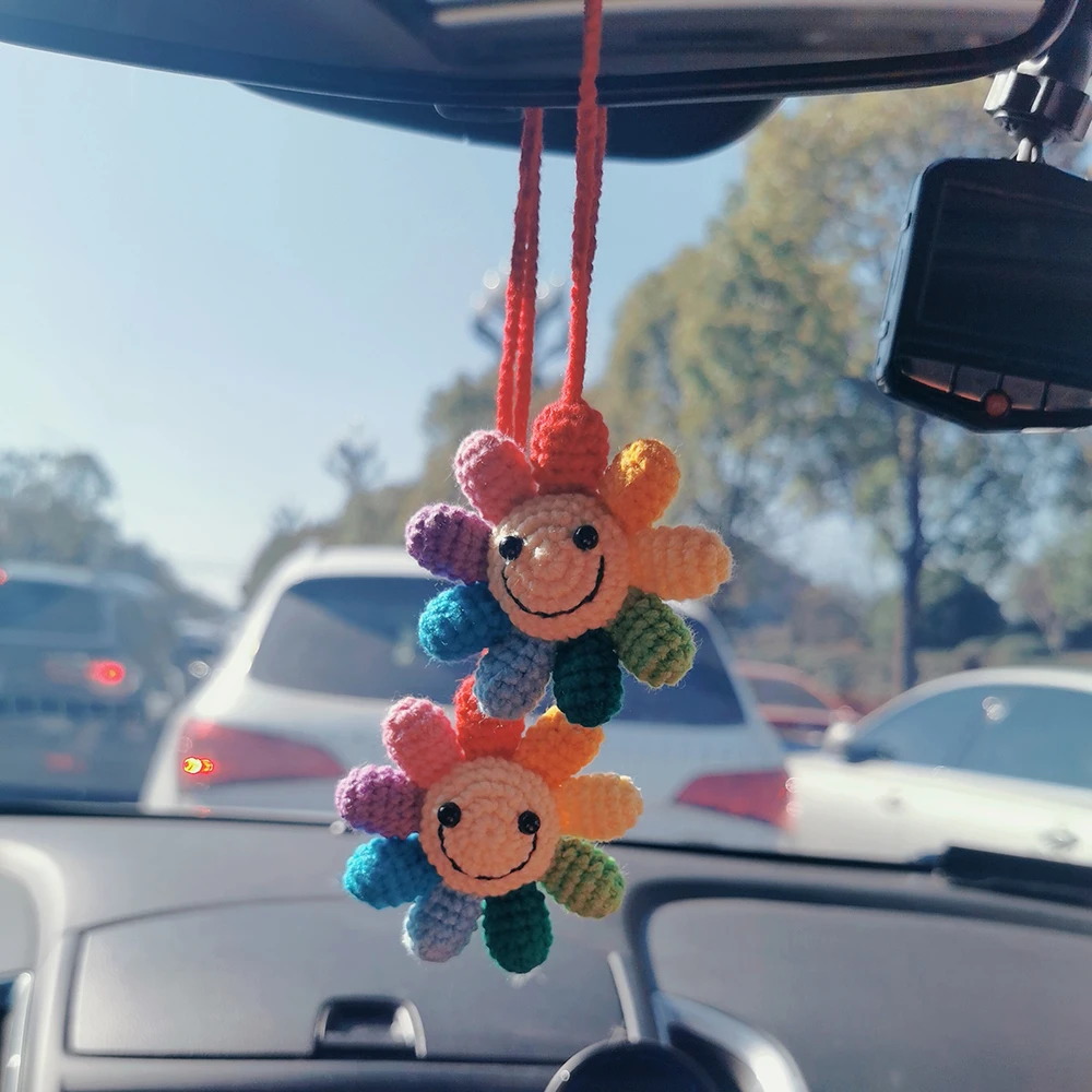 Kawaii Smiley Waffle Flower Car Mirror Hanging Accessories  Handmade Crochet DIY Decor Interior Cute Ornamentos