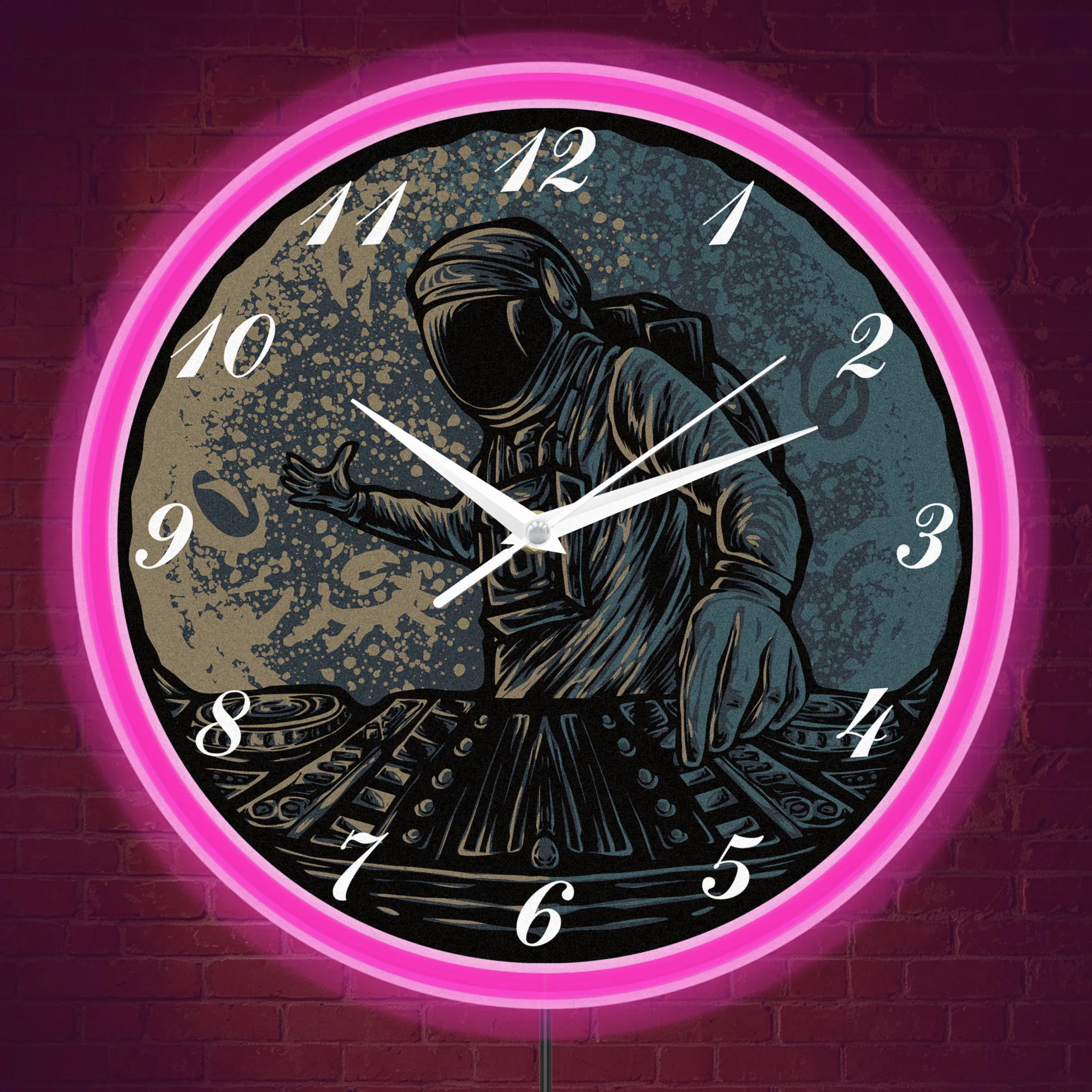 Astronaut Playing DJ Mixer LED Neon Wall Clock Outer Space Disco Party Ambient Night Light Wall Clock for Music Studio Man Cave