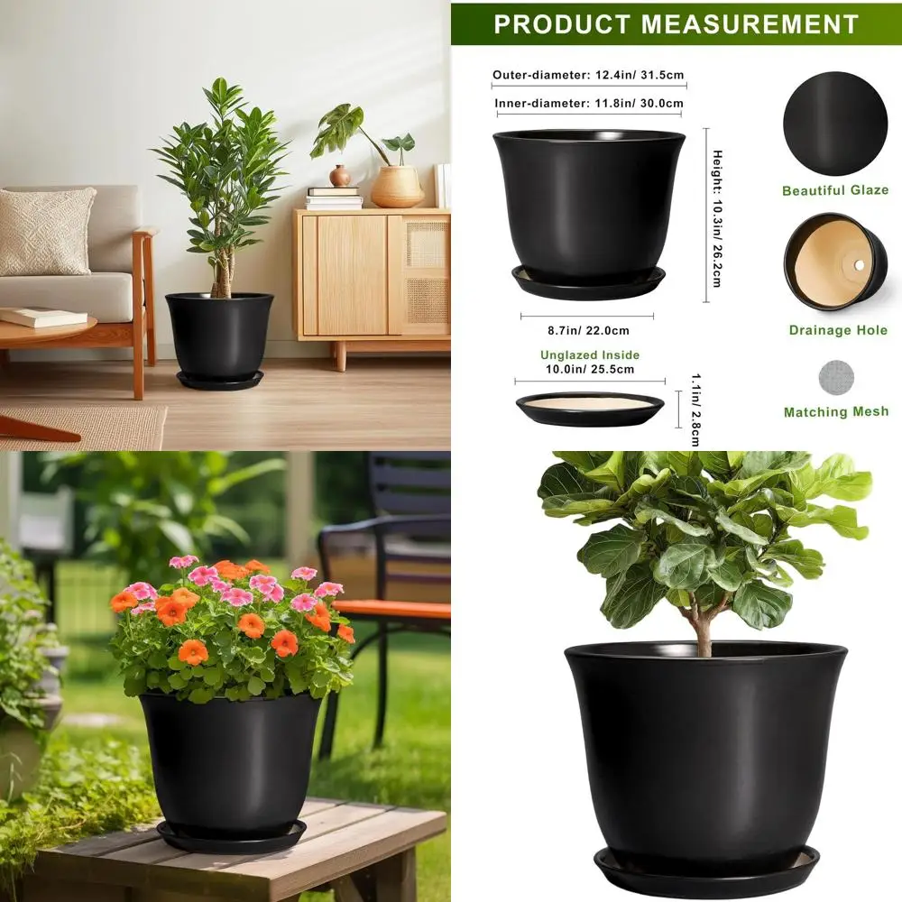 

Круглый цветочный горшок 12 дюймов с дренажем для использования в помещении и на улице, большой кашпо с поддоном, идеально подходит для декора дома и сада, черный