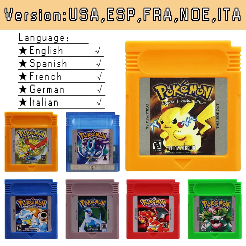 GBC-Spielkassette Pokemon Blue Crystal Golden Green Red Silver Yellow mit mehrsprachiger 16-Bit-Videospielkonsolenkarte