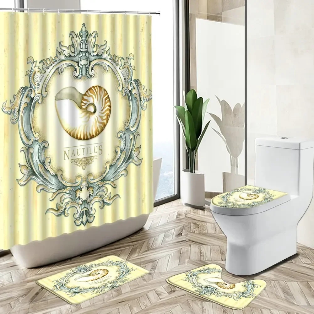 Shell Ocean Theme Shower Curtain Child Bathroom Set Starfish Conch Retro Style Non-Slip Carpet Toilet Cover Floor Mat Washable