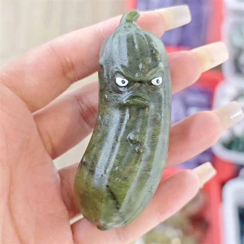 Natural Green Jade Ophiolite Cucumber Carving Energy Gem Reiki Healing Home Decoration Holiday Gift Collection 1pcs