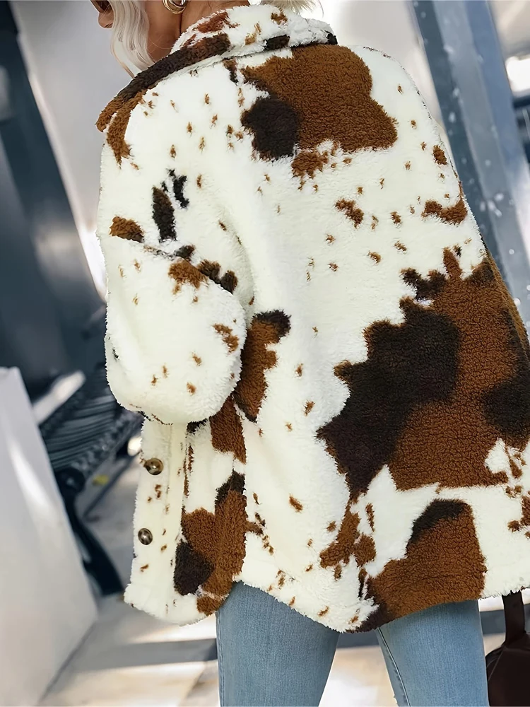 Nowa jesienno-zimowa kurtka damska z kieszeniami, z klapami, z długim rękawem, z pluszu, w krowie łaty, modna, gruba, ciepła, luźna, w stylu Y2k streetwear