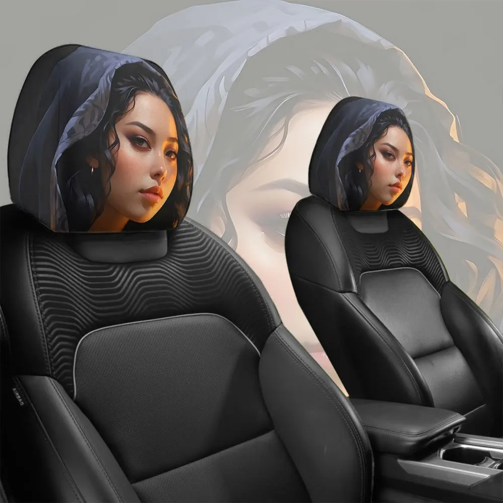 Universal Vintage Mysterious Character Car Headrest Cover 2Pcs 3D HD Printed Unfilled Washable Durable Creative Auto Interior