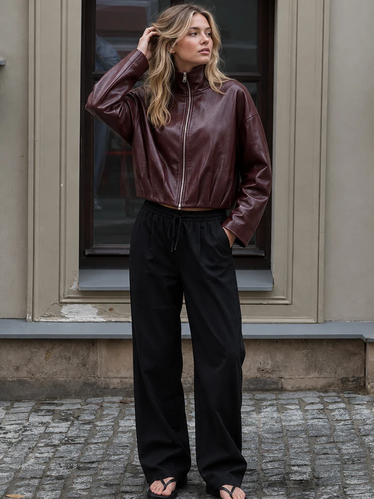 Fanan Vintage Women’s Cropped Faux Leather Jacket 2026 Spring Autumn Long Sleeve Stand-Collar Zip-Up Biker Style Coat Streetwear