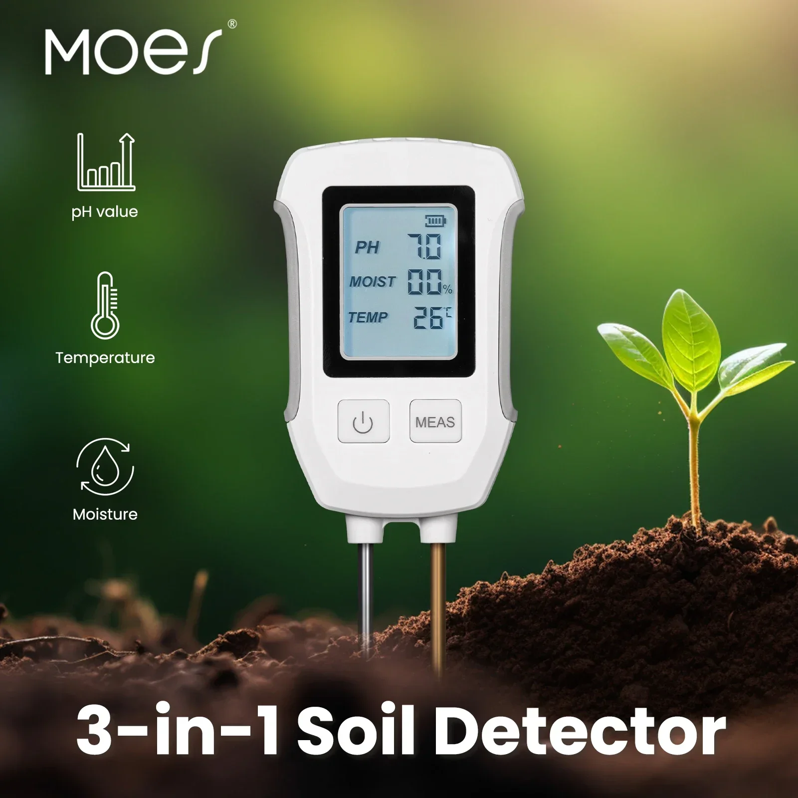 

MOES 3 in 1 Soil PH Detector Tester LCD Screen Thermometer Temperature Moisture Meter For Gardening Flower Potted Plantation