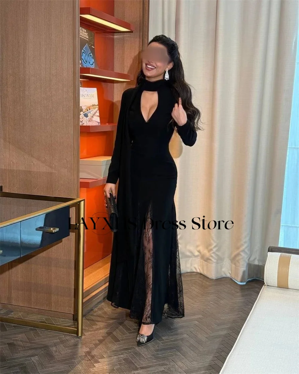 LAYXHS Sexy Preto Alta Pescoço Vestidos de Noite Sereia Mangas Compridas Renda Plissado Vestidos de Baile Personalizados فستانmavera