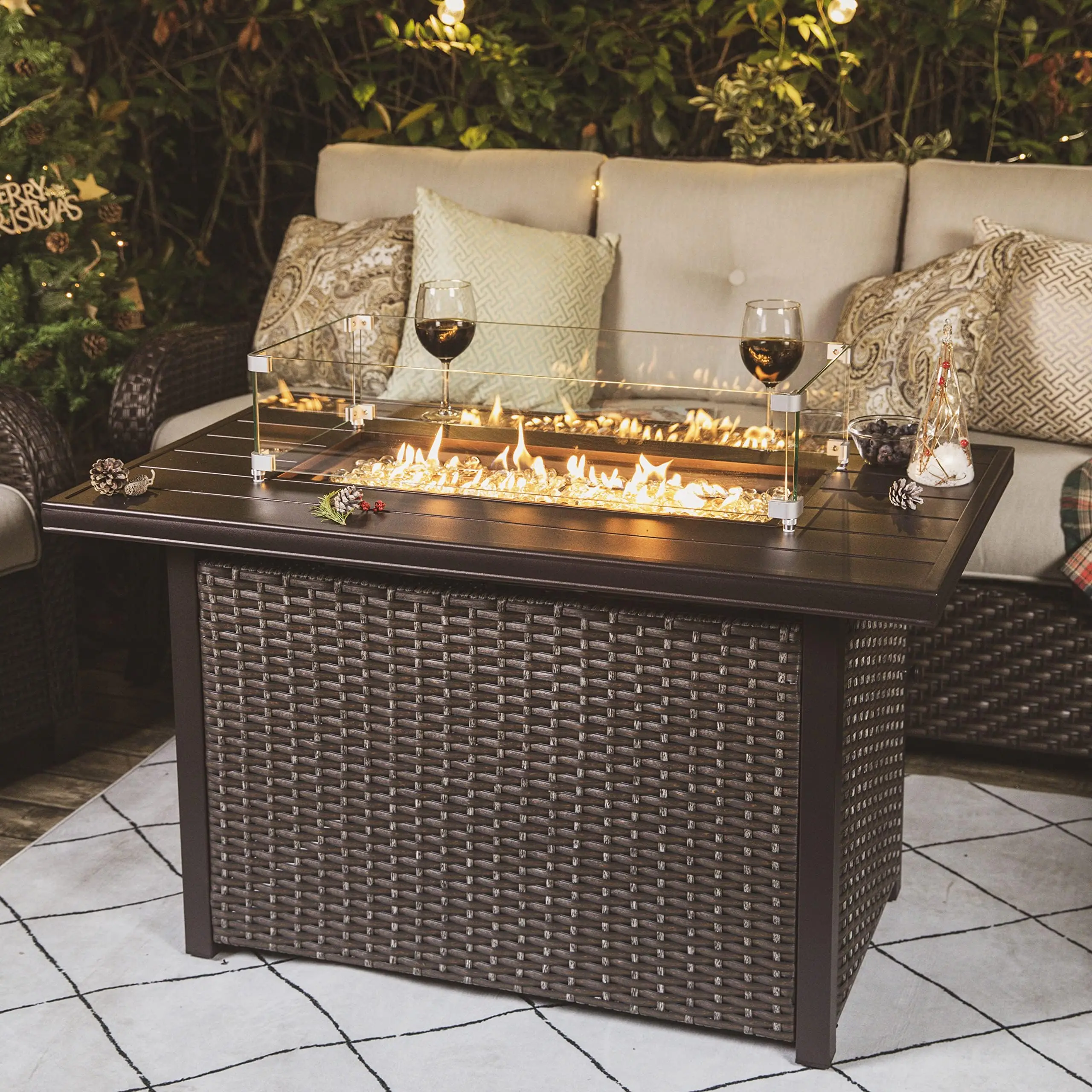 Outdoor 43 Inch 50,000 Propane Gas Fire Pit Table, Tabletop and PE Rattan Weaved Steel Fe, Water-Proof Ox Cover, Glass