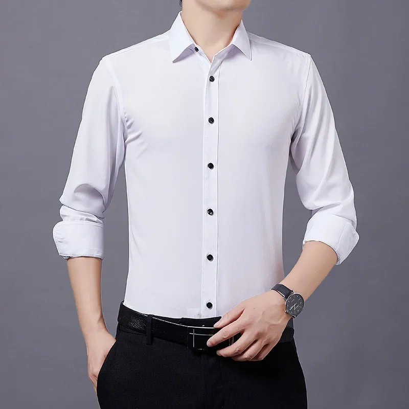 6XL Spring/Summer High Quality Large Size Men's Pure White Shirt Long Sleeve Non Iron Fashion Thin Fit Business Casual