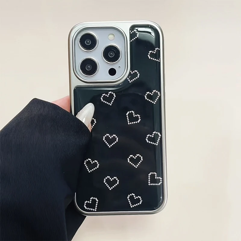 

Cartoon Mosaic Love Heart Black Phone Case For iPhone 16 15 13 14 12 11 Pro Max Shockproof Silver Bumper Back Cover