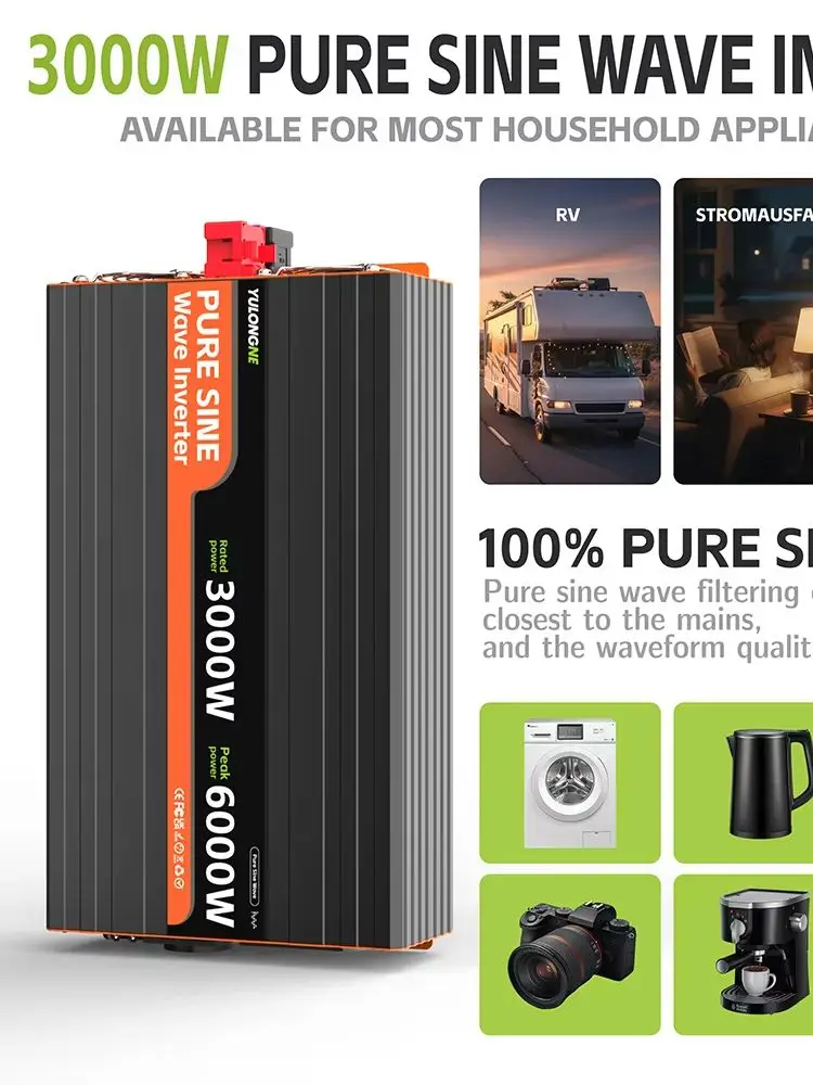 YULONGNE Peak 6000W Reiner Sinus-Wechselrichter 24V DC zu 230V AC 3000W Spannungswandler EU-Steckdose USB LCD Fernbedienung Auto-Stromwandler für Wohnmobil, Zuhause, Solaranlage EU Schneller Versand