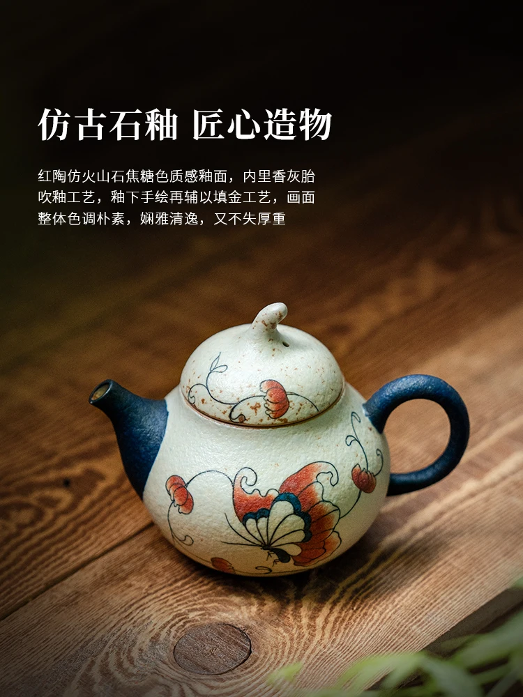 Blue and White Fire Stone Red Ceramic Teapot Creative Pure Hand Drawing High-End Filter Tea Maker Kung Fu Set