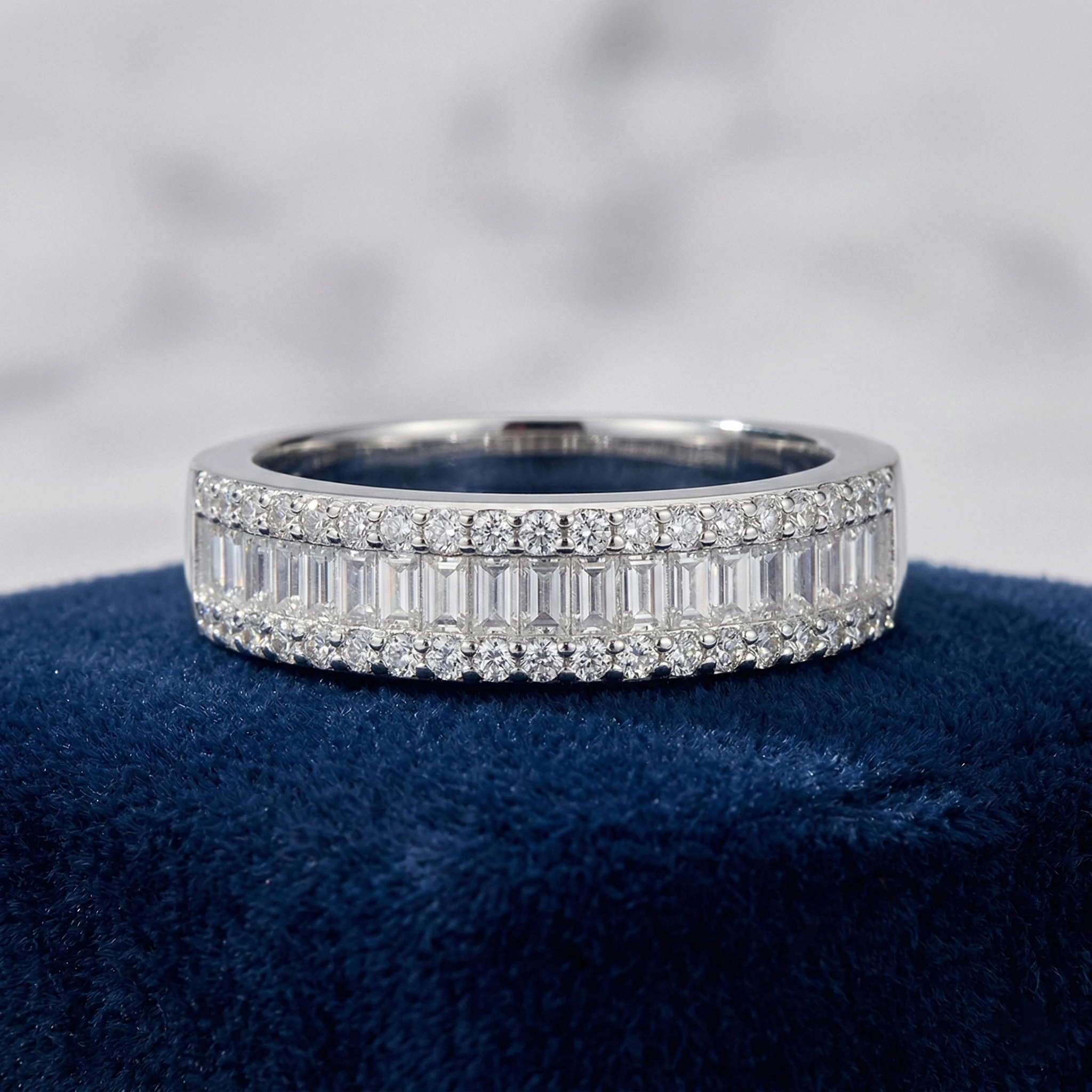 Triple Row Mixed Moissanite Ring, 925 Silver, D Color VVS1, Baguette & Round Mix, Daily Stackable, Pass Diamond Tester,Luxury Sparkling Anniversary Fine Jewelry Gifts for Wife Women Couples Girls Friends, Ship From US
