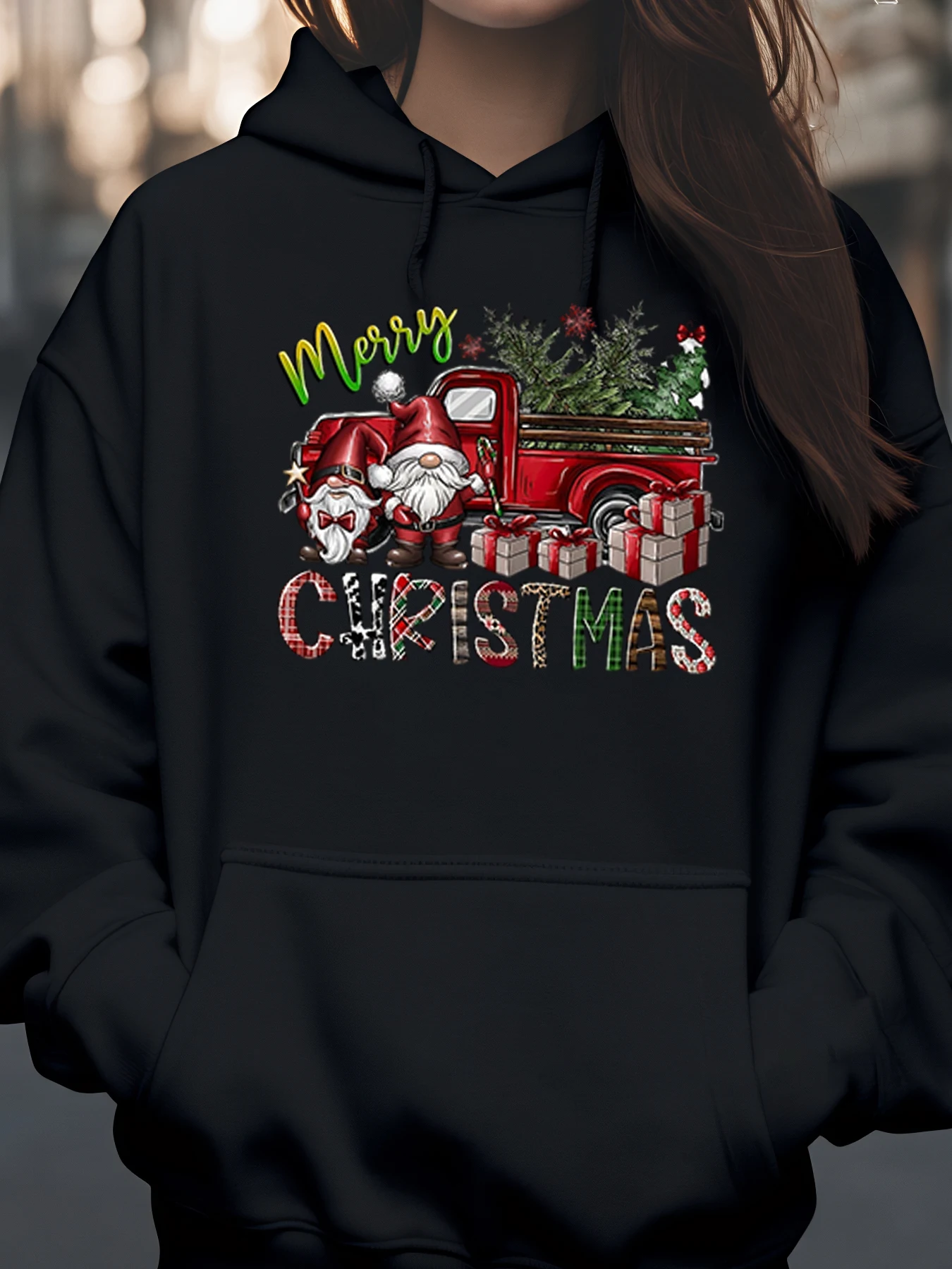 هوديي مطبوع عليه شاحنة حمراء لعيد الميلاد Gnomes هدية للعطلات للنساء والرجال