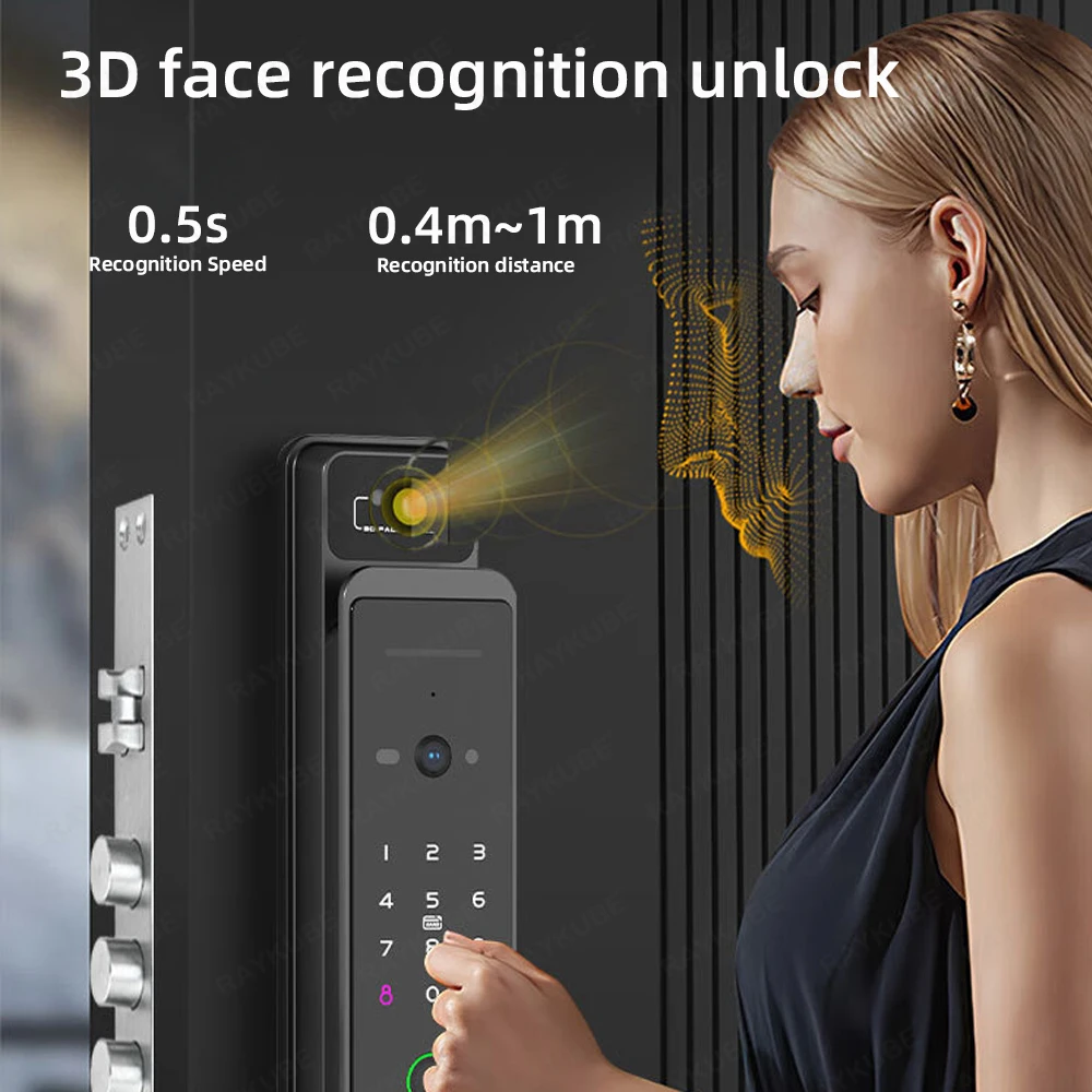 RAYKUBE TD1 TT Lock WiFi 3D reconocimiento facial cerradura de puerta inteligente con huella dactilar con WiFi cámara IP aplicación remota