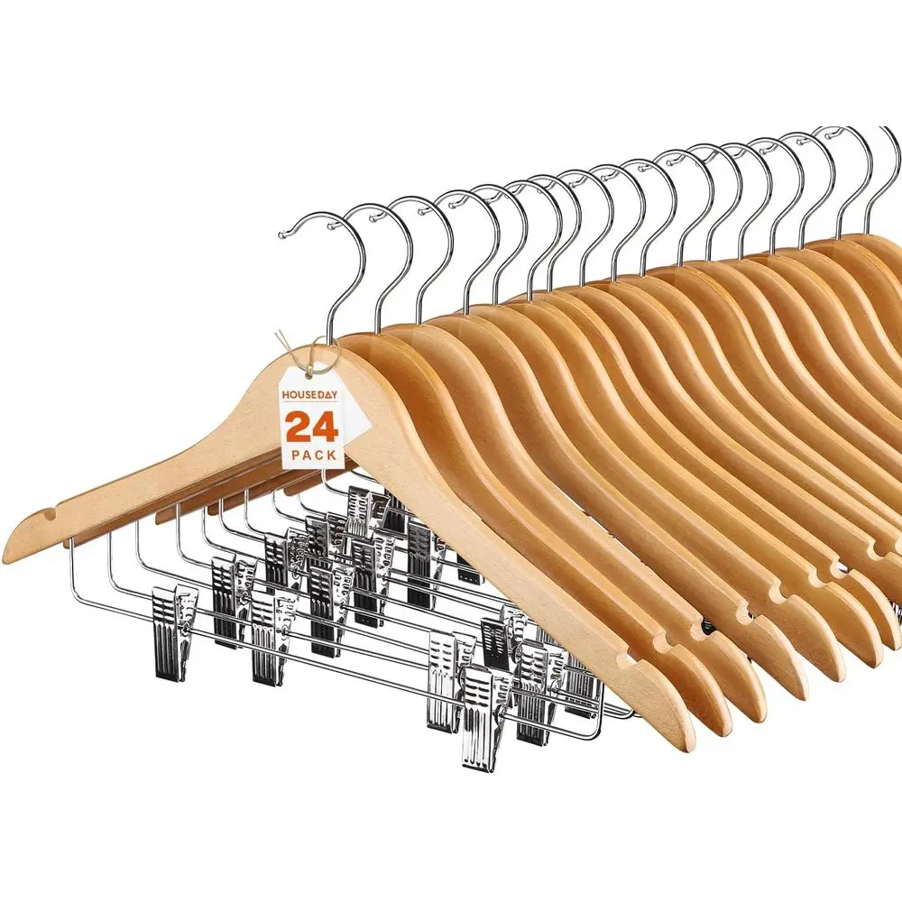 

Набор из 24 премиальных деревянных вешалок для одежды с зажимами для юбок, брюк, блузок и пальто