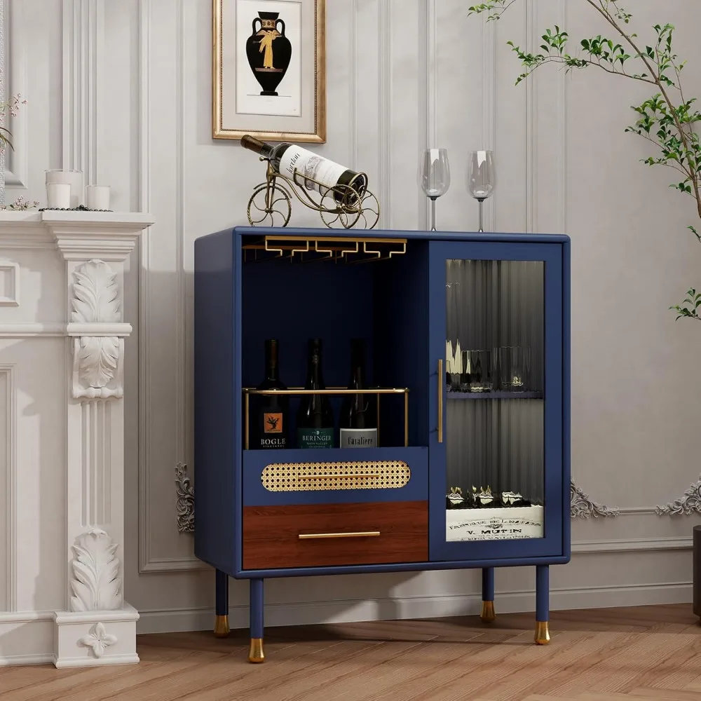 Modern Coffee Bar Cabinet with Wine Glass Rack and Drawers, Blue Liquor Storage Cabinet for Kitchen, Pull-Out Wine Storage Solut