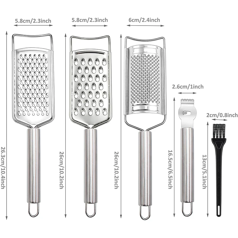 LMETJMA 5Pcs Cheese Grater Set Stainless Steel Cheese Grater Lemon Zester Grater with Handle Kitchen Vegetable Grater JT360