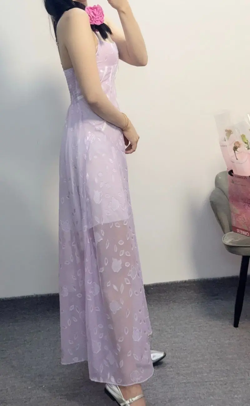 Kleider, ärmellos, für Damen, Boho, Frühling, Chiffon, Applikation, Raffen, Raucher, plissiert, Volant, Fairycore, Mori-Mädchen, süßer, romantischer Chic