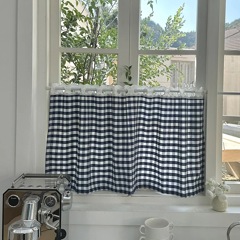 الجاموس تحقق منقوشة نافذة الستائر مع الدانتيل شبه شير ستارة المطبخ مزرعة القماش القطني قضيب جيب الستائر لديكور غرفة نوم #1