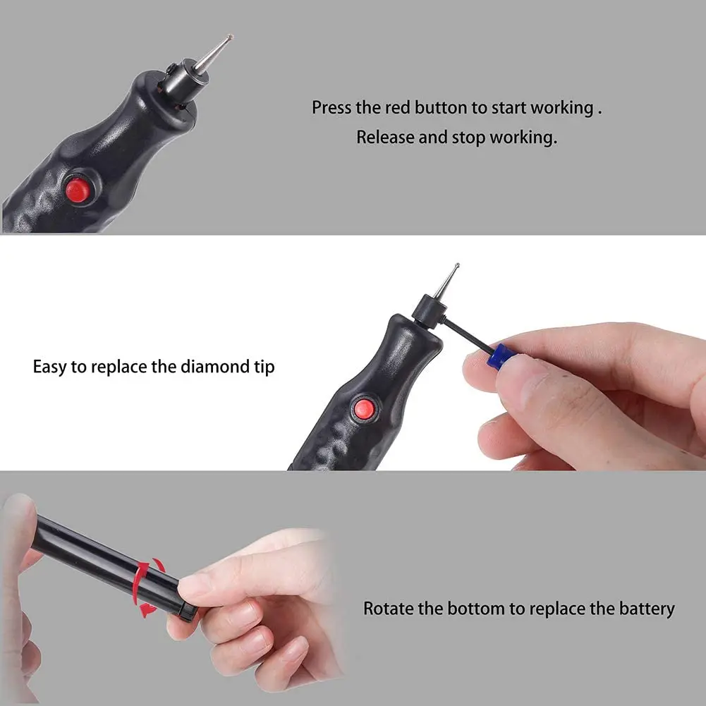 Electric Miniature Engraving Pen Engraving Tool Belt 5 Interchangeable Diamond Tip for DIY Jewelry Making Metal Glass