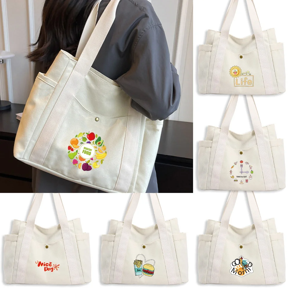 

Canvas Bag Large Capacity Shopping Bags Food Series Stylish Single Shoulder Canvas Bag Commuting Daily Grocery Shopping Bag