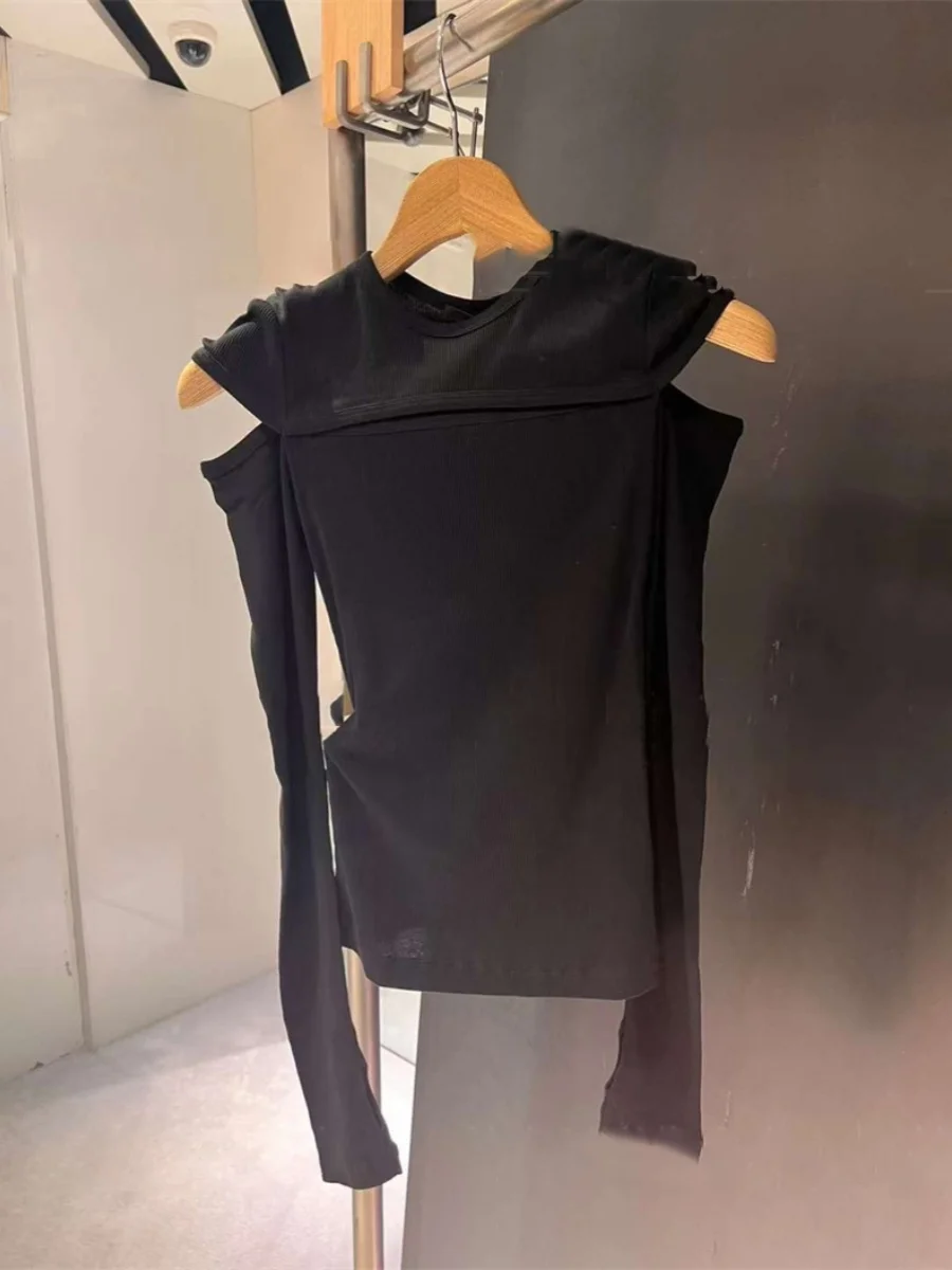 

Весенняя новинка: женская футболка с длинным рукавом и вырезами, из чистого хлопка, с круглым вырезом, в корейском стиле, для повседневной носки, модный топ.