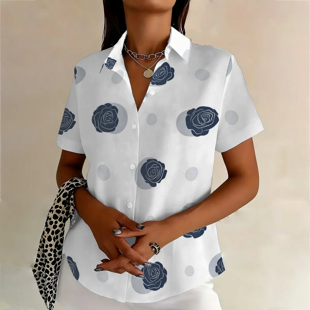 French Retro Style Blue Rose Polka Dot Pattern Plus Size Shirt for Women in Summer, Versatile Design, Niche Short Sleeved