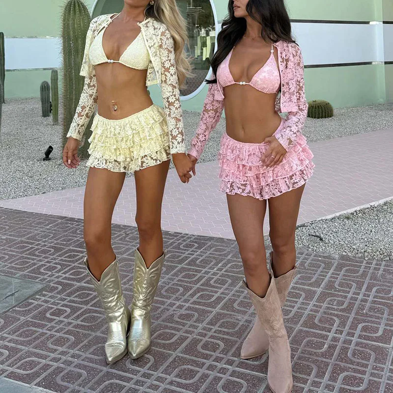 

Sexy Embroidery Lace Hollow Out Sets Spring V Neck Crop Top+Ruffle Mini Skirts+Long Sleeve Coat Women's Suit Summer Boho Outfits
