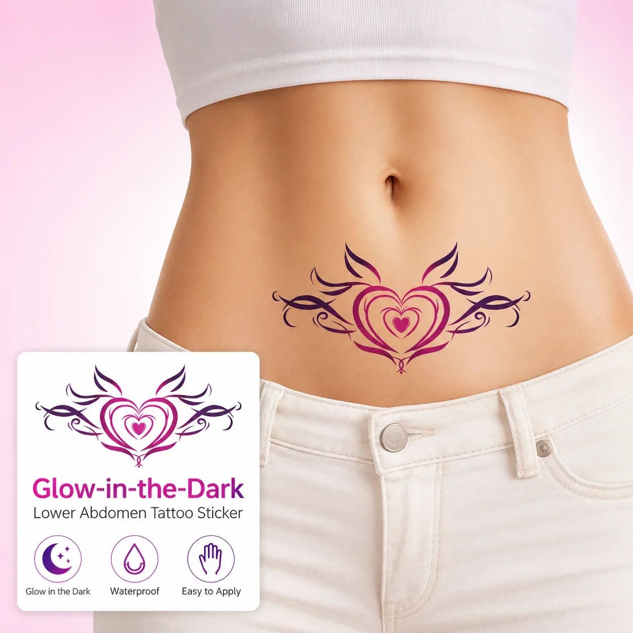 Disposable Tattoo Sticker Temporary Tattoo Glow in the Dark Tattoo Sticker, Lotus Heart Belly Design