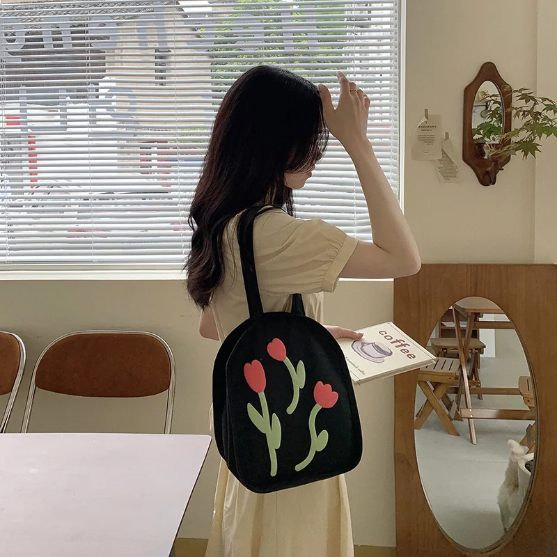 

Women's Bag Casual Large Capacity Shoulder Bags Shopper Canvas Letter Flower Fashion Harajuku Black Print Ulzzang Handbags