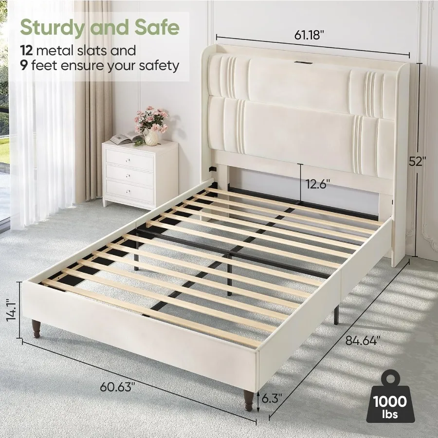 إطار سرير كوين مع لوح رأسي طويل 52 إطار سرير بمنصة منجدة مع محطة شحن إطارات سرير مخملية فاخرة منحنية #2